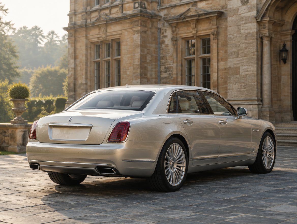 A long-bonnet prestige sedan parked outside a heritage sandstone building