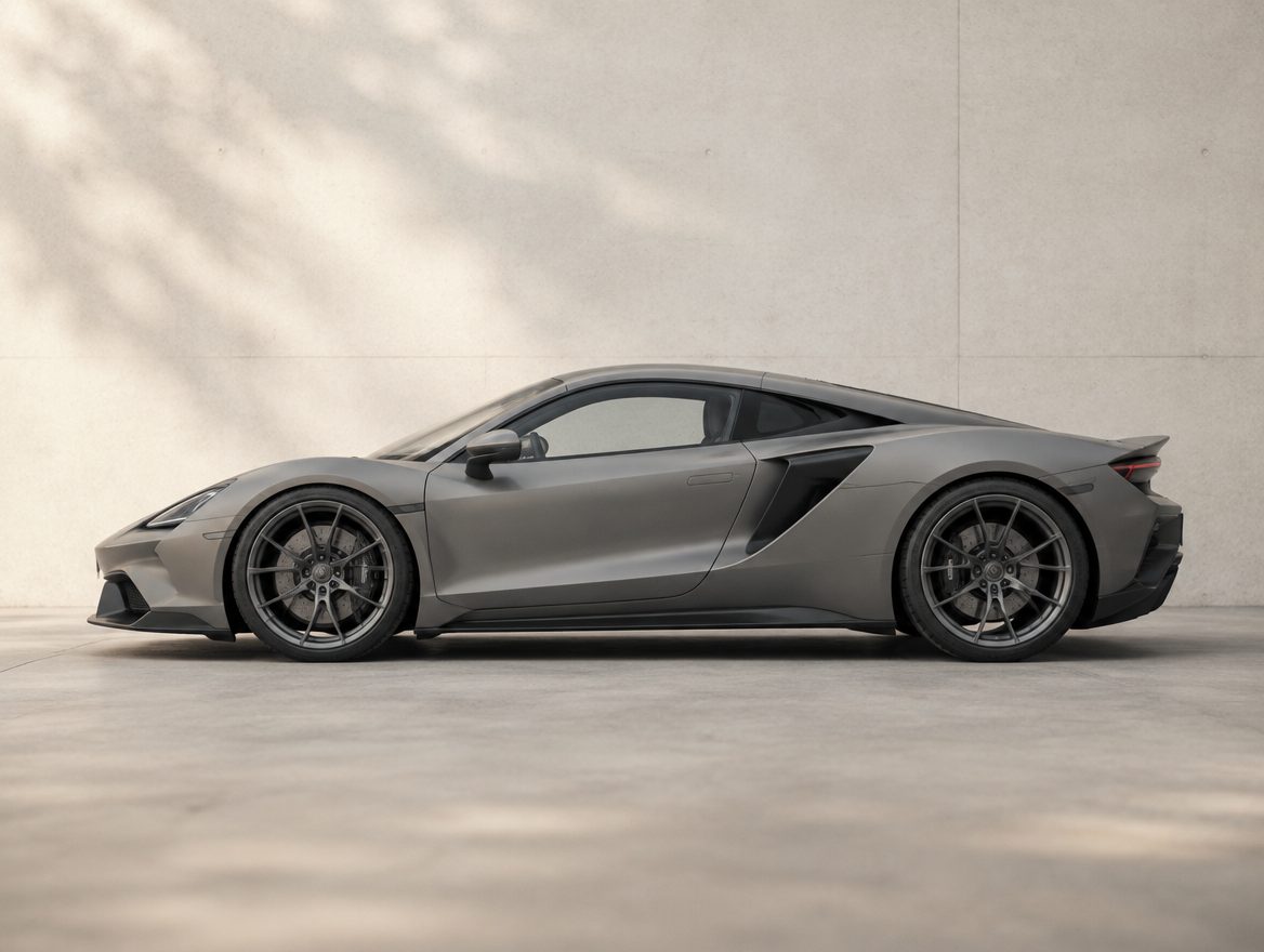A low-slung two-door supercar in profile against a pale concrete wall
