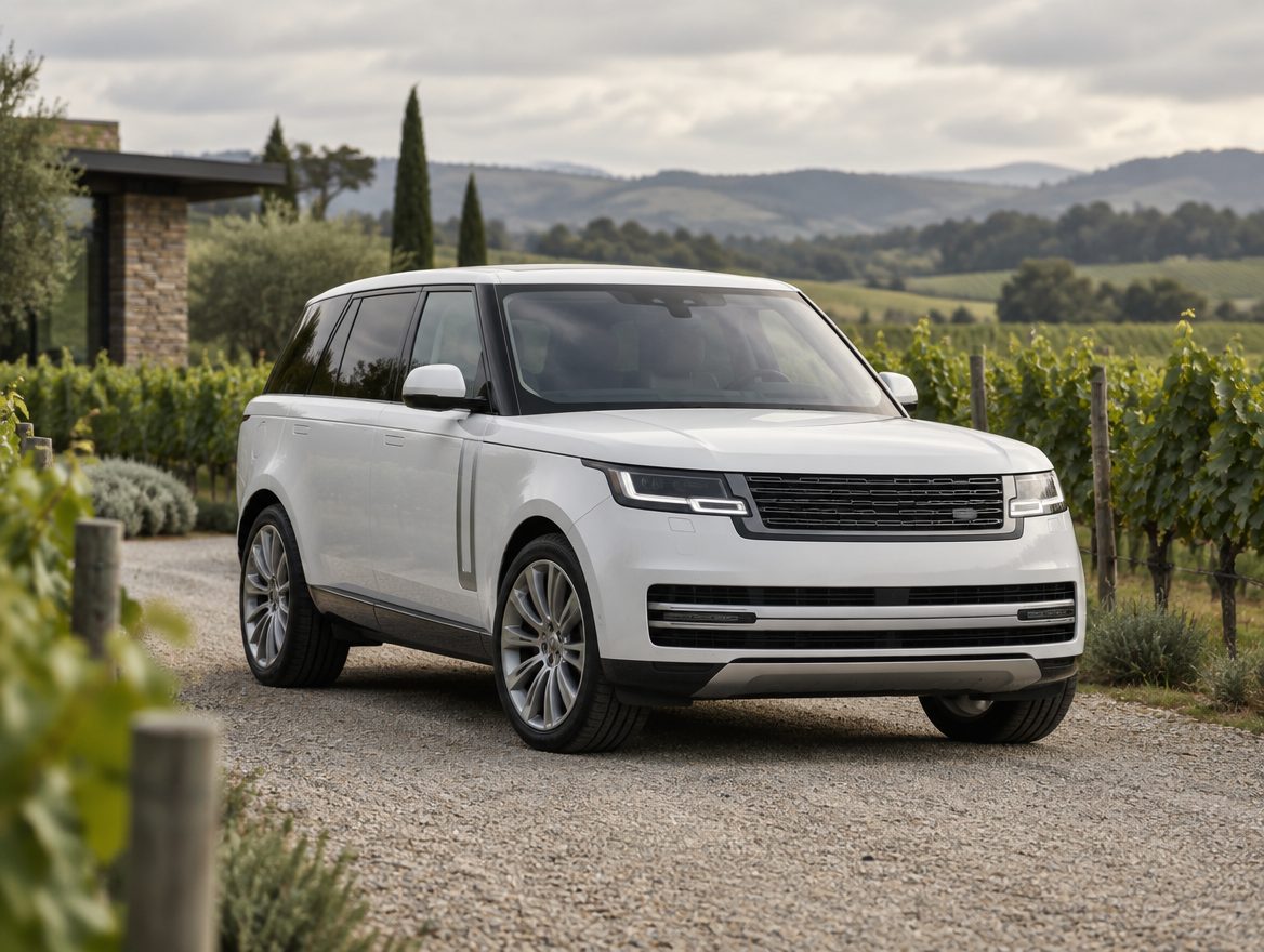 A white luxury SUV on a gravel drive beside grapevines at a winery