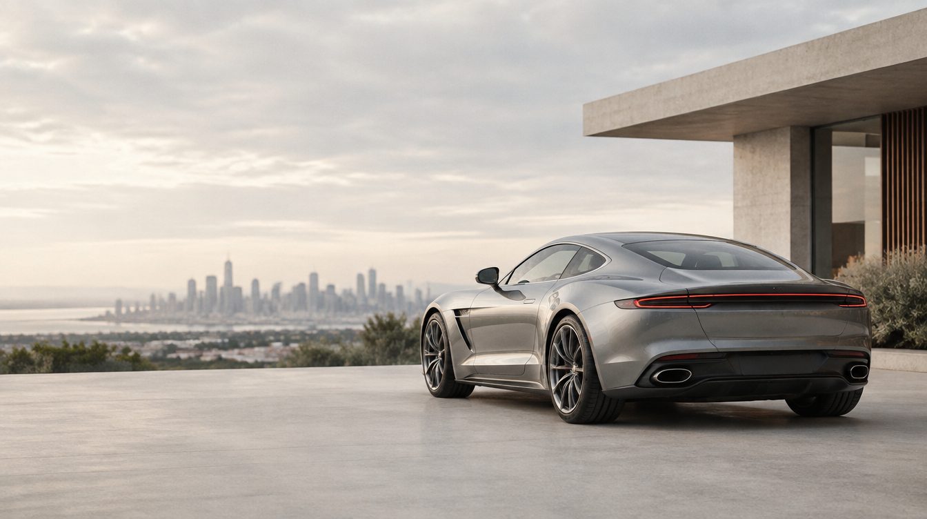 A silver grand tourer parked on a pale forecourt above the Melbourne skyline