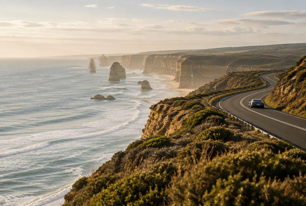 A luxury car on a winding coastal clifftop road
