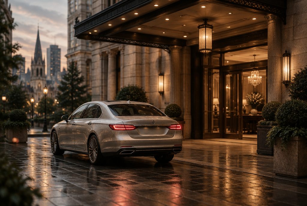 A pale silver luxury sedan under a hotel portico at dusk