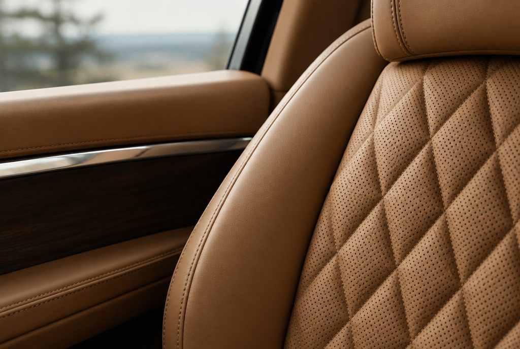 Quilted tan leather interior detail of a luxury car