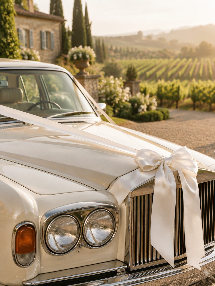 White satin ribbon tied across the bonnet of a cream luxury car at a vineyard estate